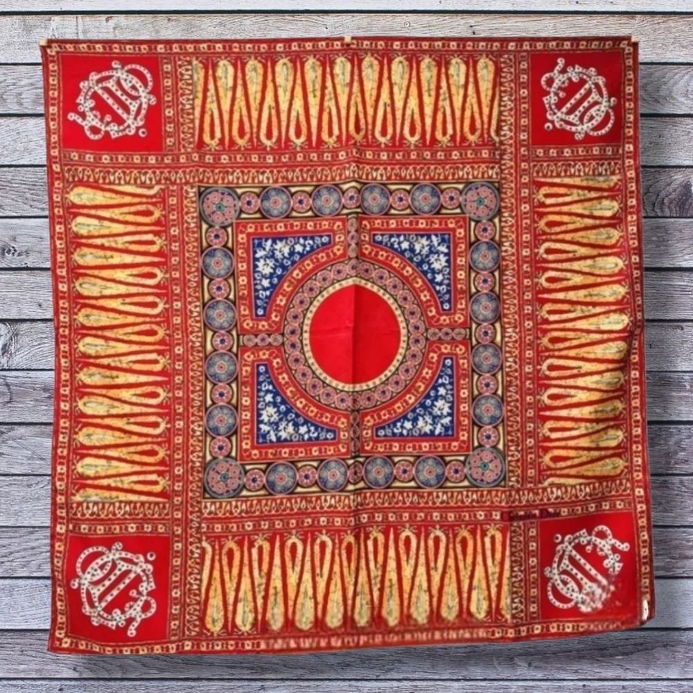 DIOR Vintage Red, Gold & Blue Silk Scarf - Intricate Hand Rolled Edges 90 Square